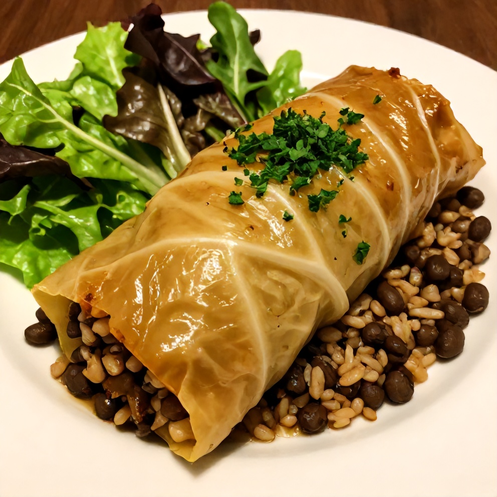 Lentil and Rice Stuffed Cabbage Rolls with a side of mixed greens