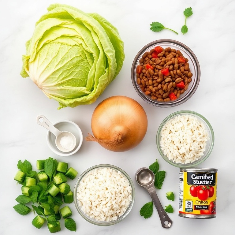 Raw ingredients for Lentil and Rice Stuffed Cabbage Rolls