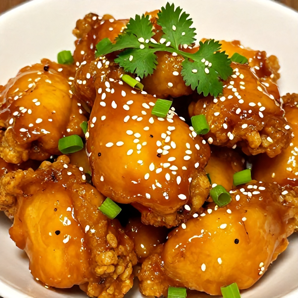 Plated mango glazed chicken with garnish