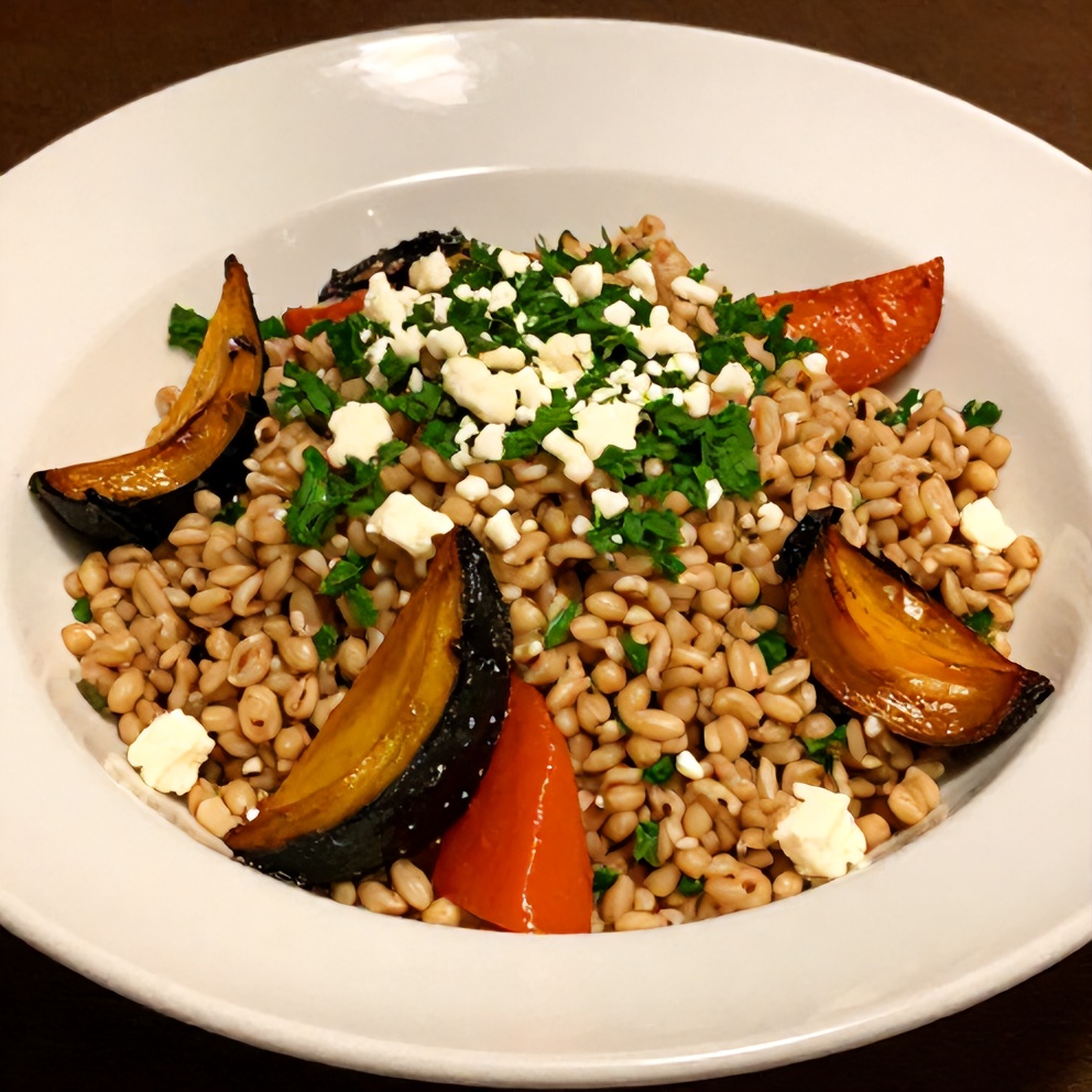 Plated farro salad with roasted vegetables