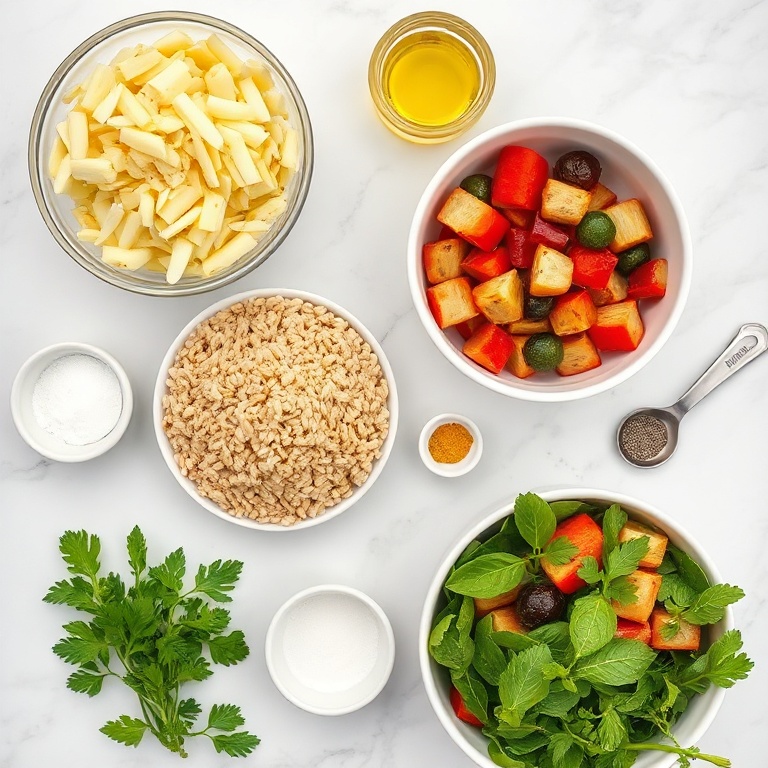 Raw ingredients for farro salad with roasted vegetables