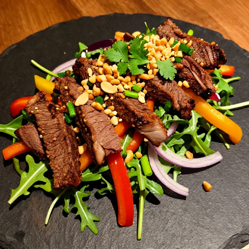 Plated Steak and Arugula Salad with Peanut Sauce
