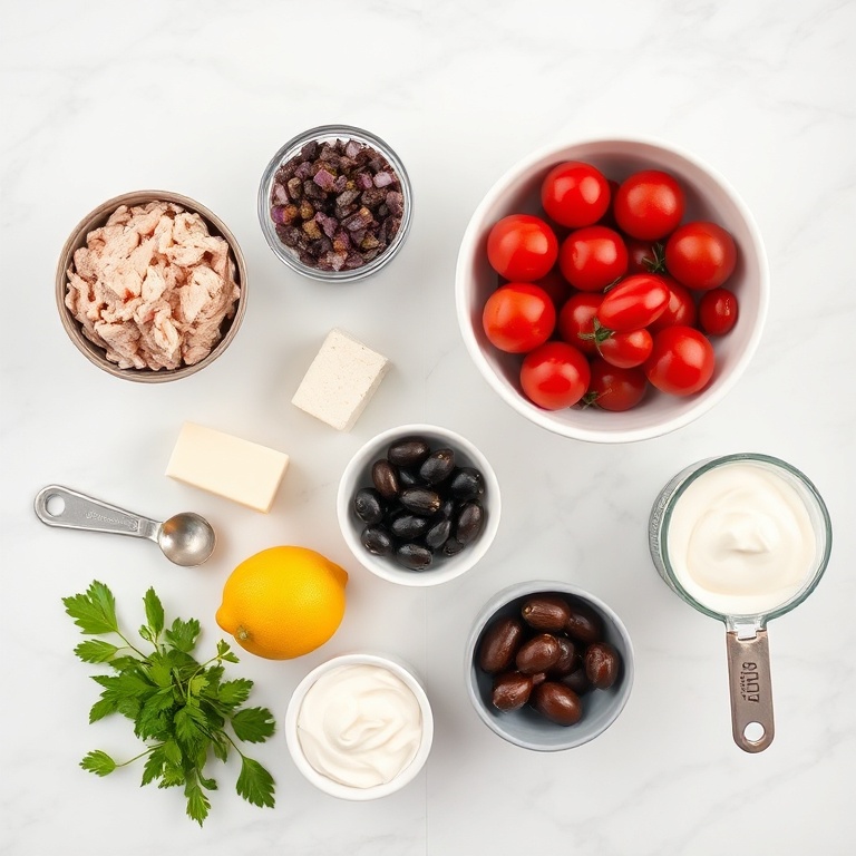 Raw ingredients for Mediterranean Tuna Salad: canned tuna, cucumbers, tomatoes, olives, red onion, feta, lemon, and mayo