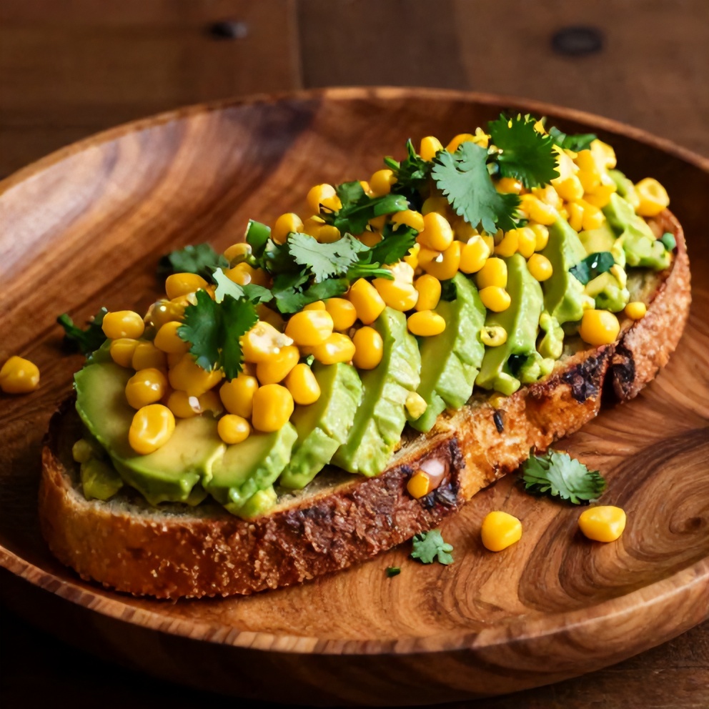 Close-up of Mexican Street Corn Avocado Toast garnished with cilantro