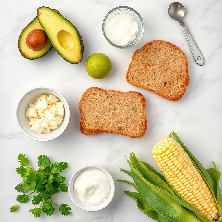 Raw ingredients for Mexican Street Corn Avocado Toast on a marble surface
