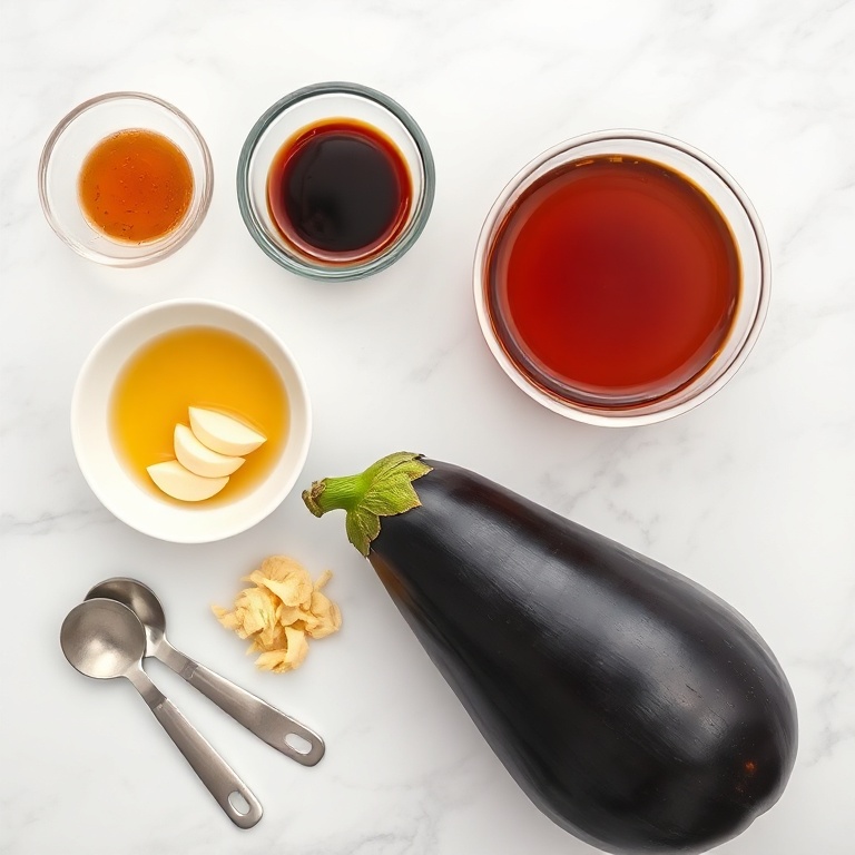 Miso paste, soy sauce, mirin, honey, garlic, ginger, and eggplant arranged on a white marble surface