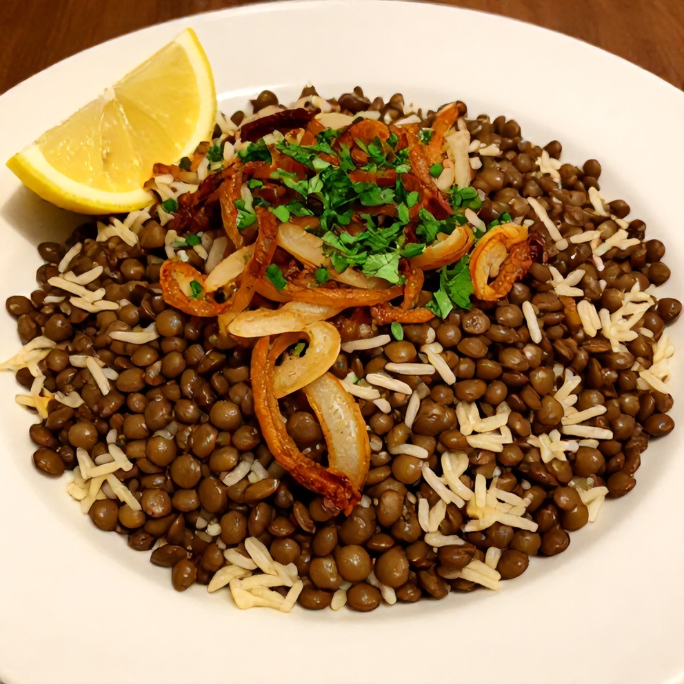 Mujadara Dinner - Lentils, Rice, and Crispy Onions