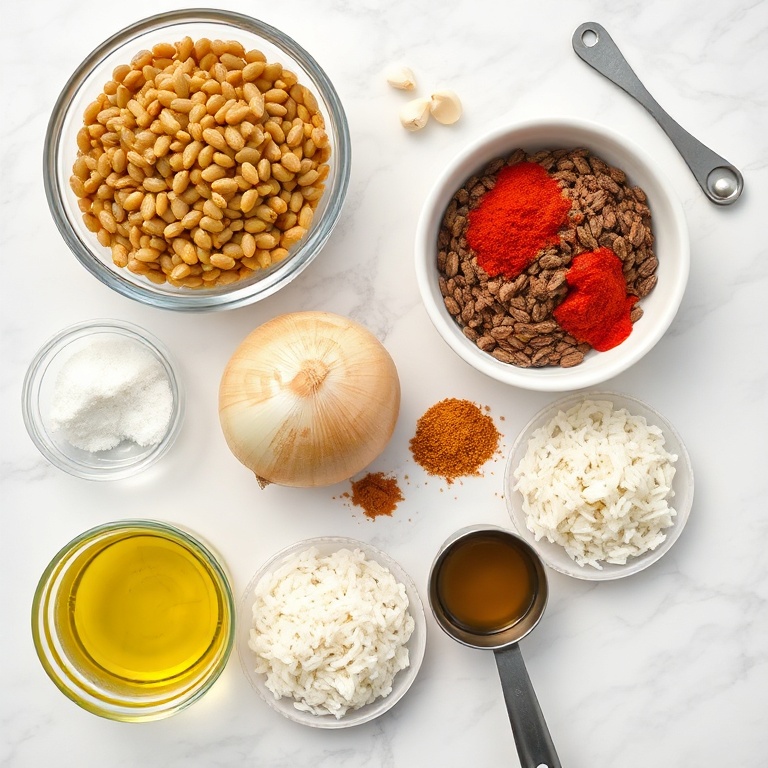 Mujadara Ingredients - Lentils, Rice, Onions, Spices