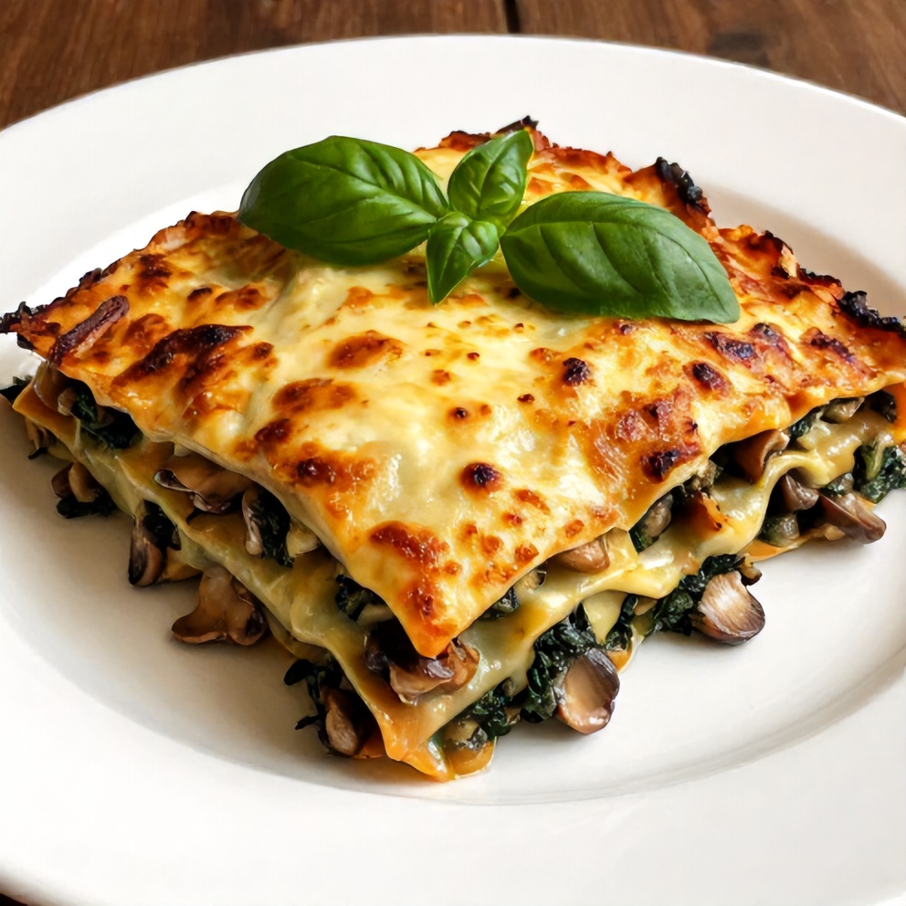 A perfect plated serving of Mushroom Spinach Lasagna on a white plate, garnished with fresh basil leaves.