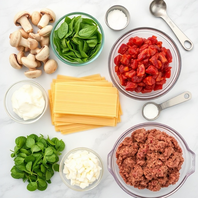 Raw ingredients for Mushroom Spinach Lasagna arranged in an overhead flat lay, including mushrooms, spinach, lasagna noodles, and ricotta cheese.