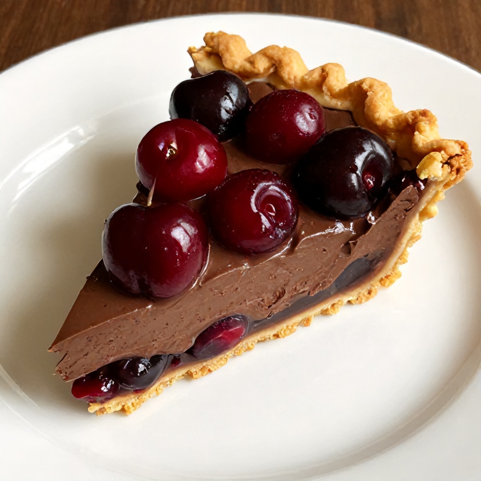 No-Bake Chocolate Cherry Cream Pie on a plate