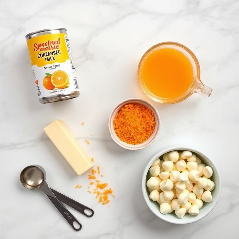 Ingredients for No Bake Orange Creamsicle Truffles on a marble counter