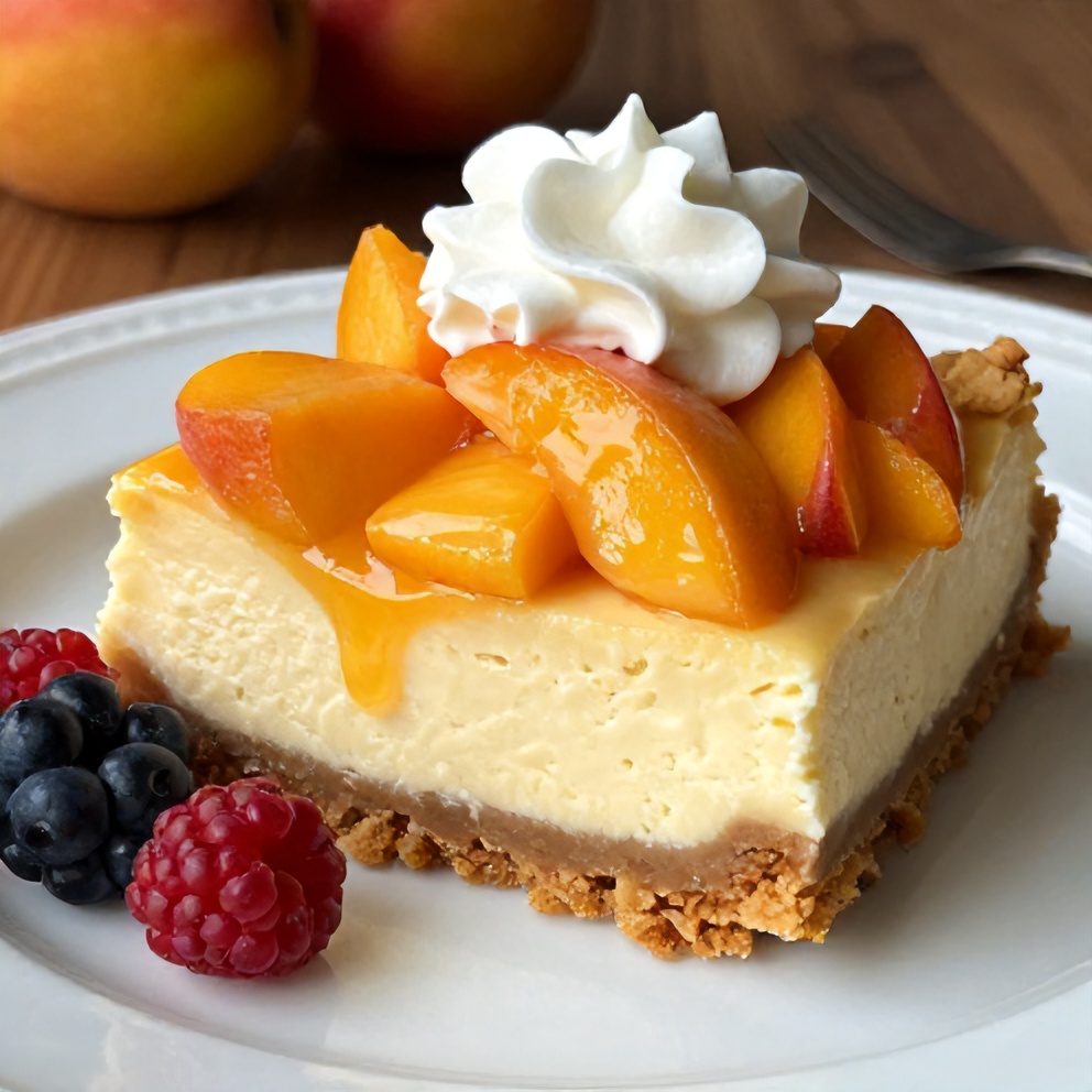 Peach Cobbler Cheesecake Bars ready to serve