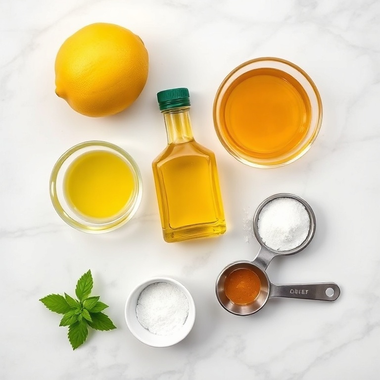 Lemon, olive oil, Dijon mustard, honey, salt, and pepper arranged on a wooden surface
