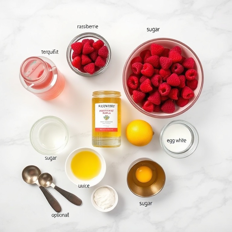 Raspberries, passionfruit, tequila, and other ingredients for Raspberry Tequila Sour Cocktail