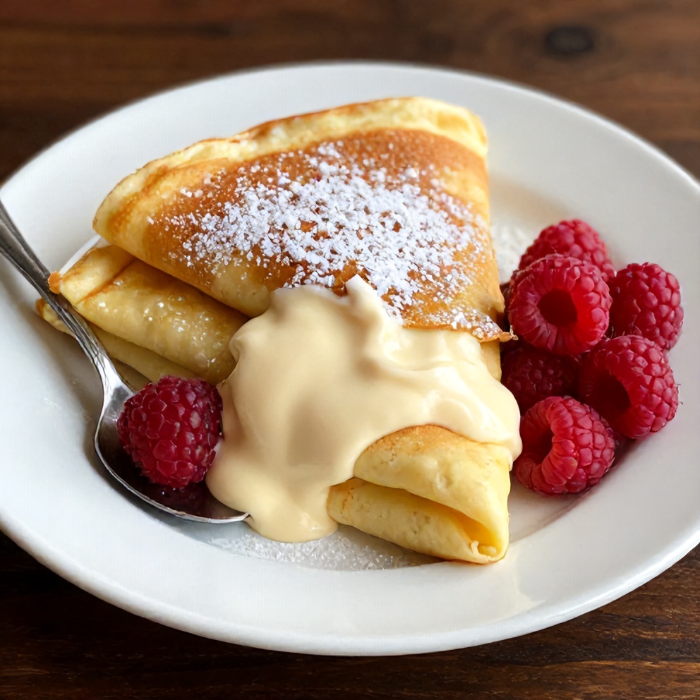 Plated Raspberry Vanilla Cream Crepes with a dusting of powdered sugar