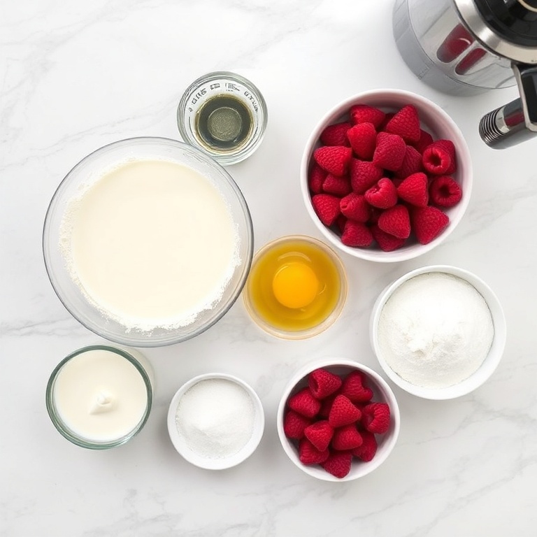 Raspberries, eggs, milk, flour, and vanilla extract on a marble counter