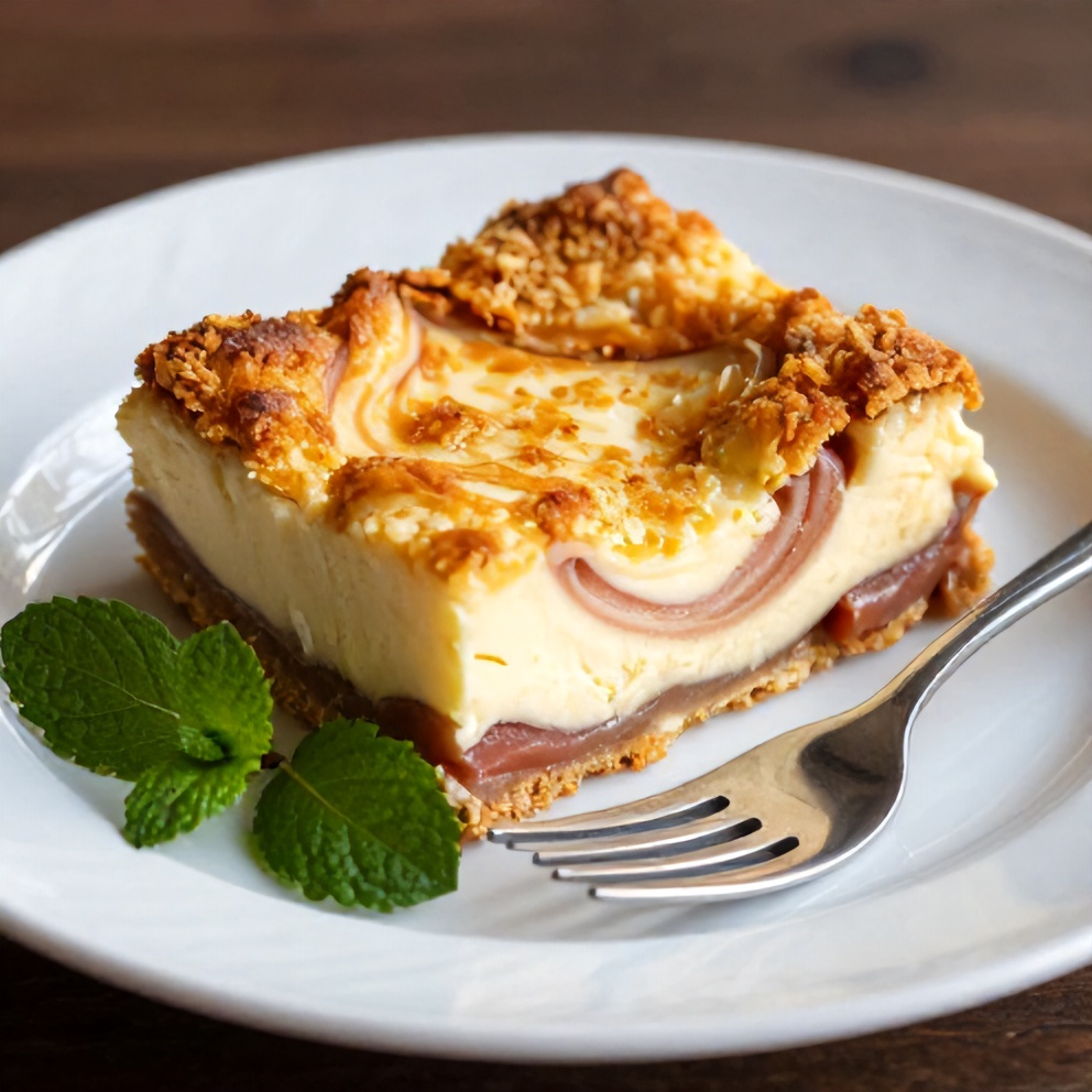 Easy Rhubarb Cream Cheese Bars on a white plate with a fork
