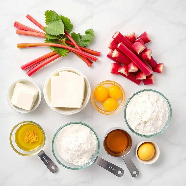 Rhubarb, cream cheese, sugar, eggs, flour, butter, vanilla extract on a marble surface