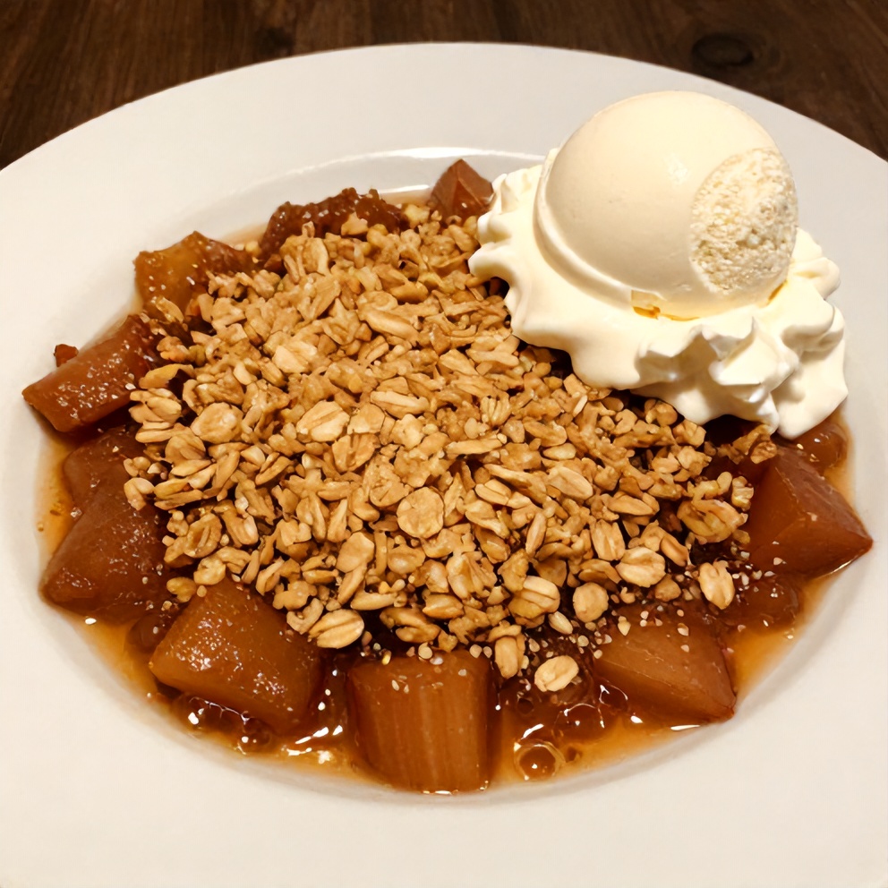 Perfectly baked Easy Rhubarb Crisp on a dessert plate