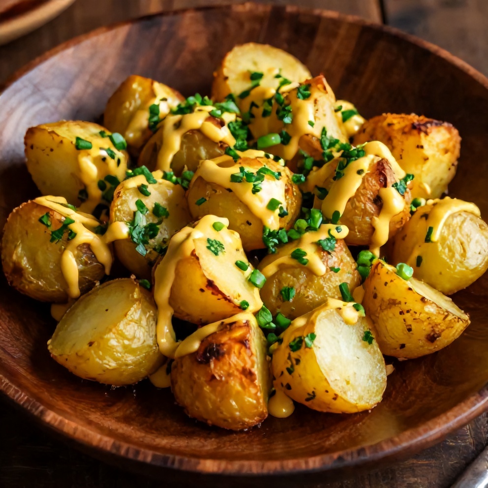 Plated serving of roasted potato salad with fresh herbs and mustard dressing
