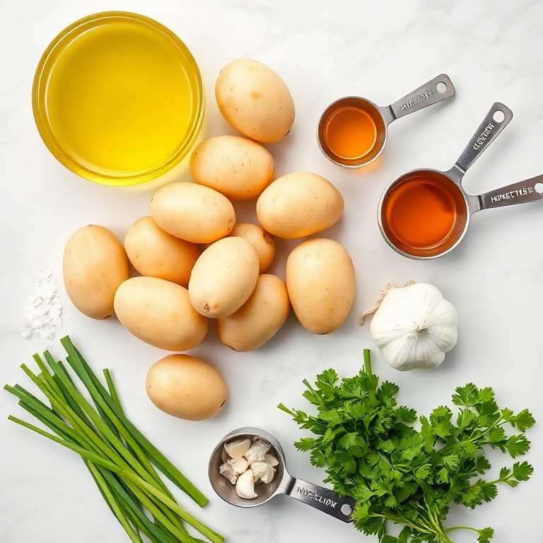 Raw ingredients for roasted potato salad with fresh herbs and mustard dressing