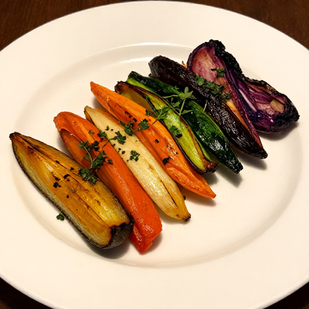 Plated roasted rainbow vegetables with fresh herbs