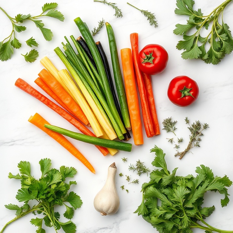 Raw rainbow vegetables and herbs on a marble surface