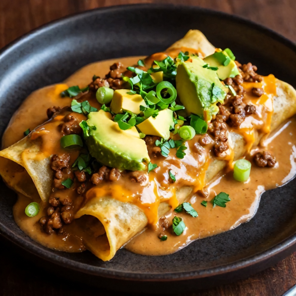 Plated sausage gravy enchiladas with garnish