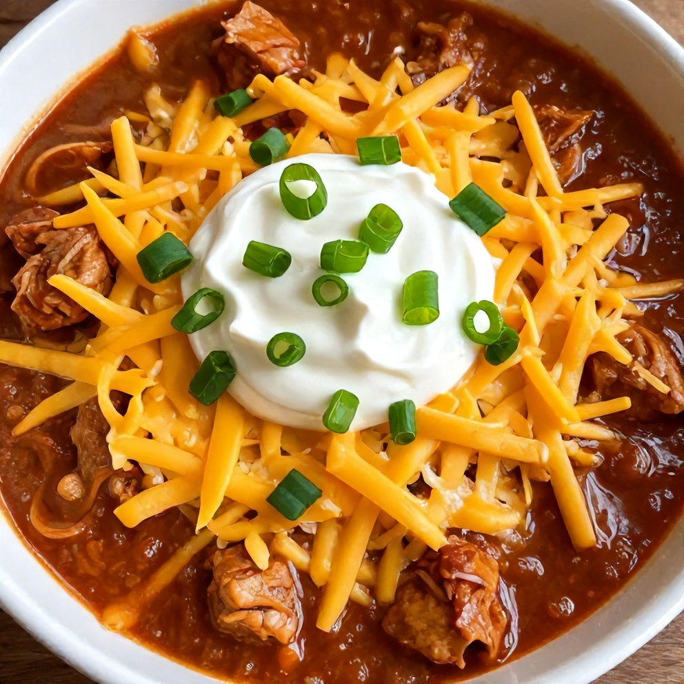 Bowl of Slow Cooker Buffalo Chicken Chili with sour cream and green onions