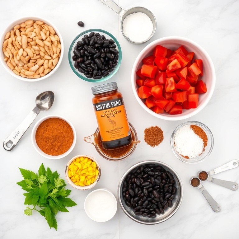 Raw ingredients for Slow Cooker Buffalo Chicken Chili on a marble surface