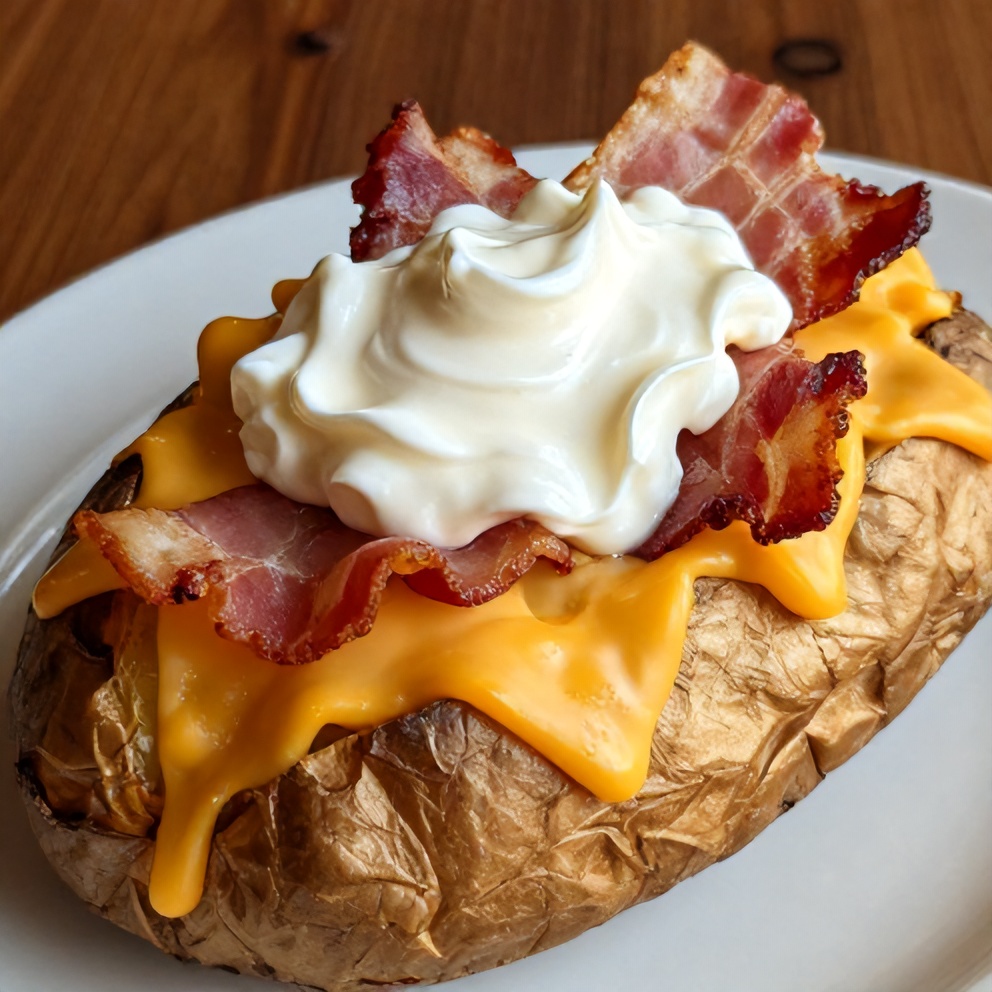 Plated loaded baked potatoes with cheese, bacon, and sour cream