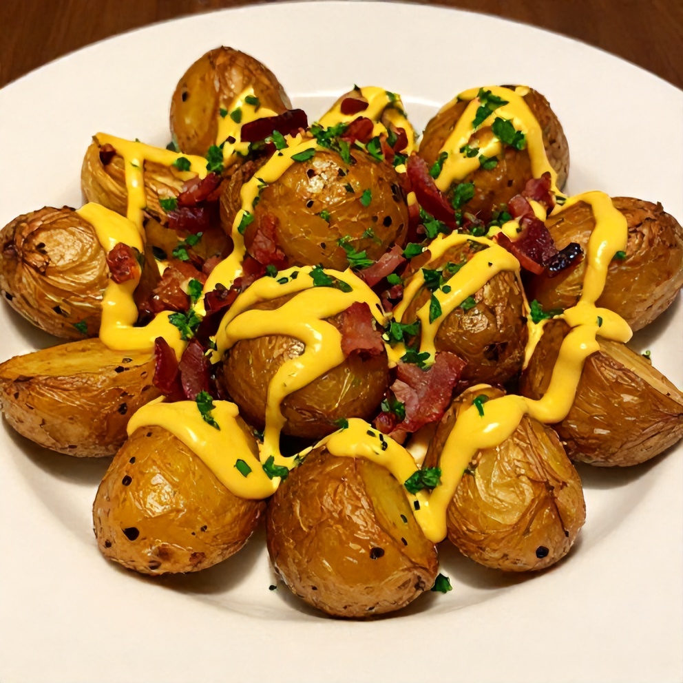Plated smoked baby potatoes with beer mustard