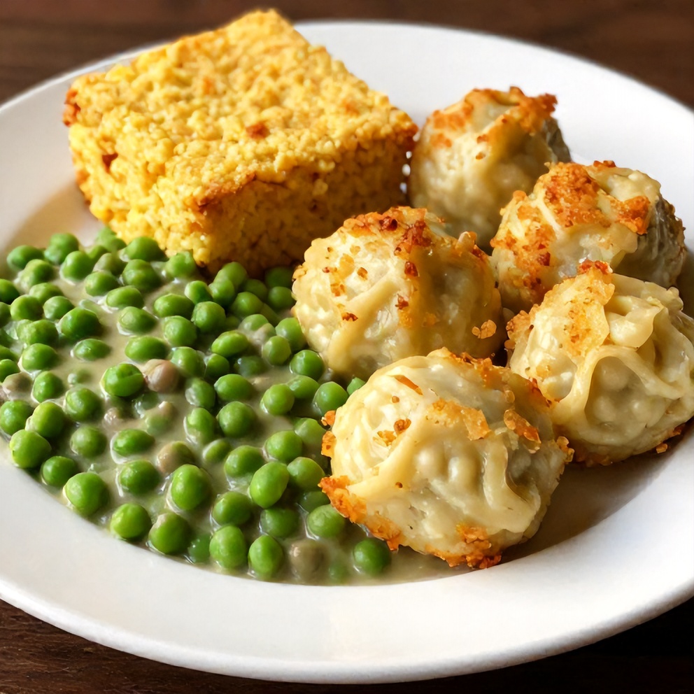 Southern Peas and Dumplings plated with a side of cornbread