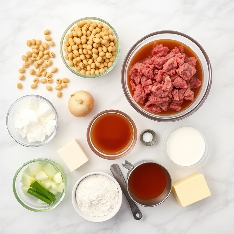 Raw ingredients for Southern Peas and Dumplings on a white marble surface