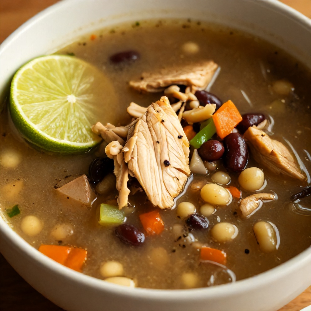 Bowl of Southwest Chicken Soup with a lime wedge