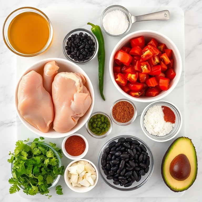 Ingredients for Southwest Chicken Soup on a marble counter