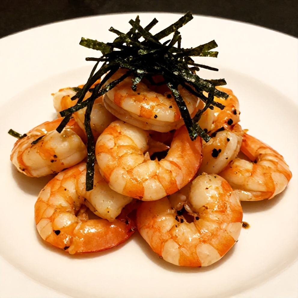 Plated Spicy Shrimp Sushi Stacks with a garnish of nori strips