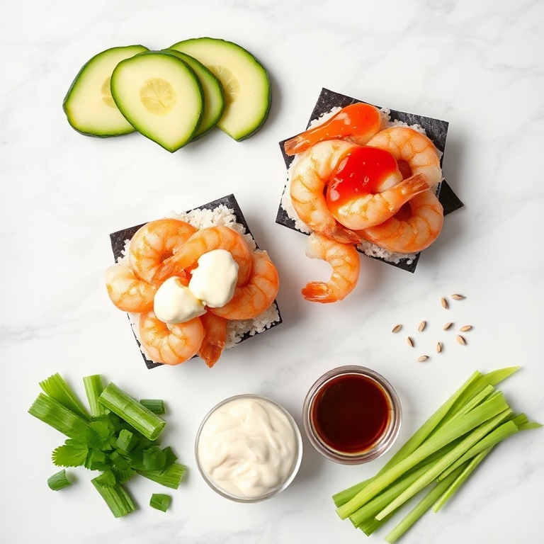 Raw ingredients for Spicy Shrimp Sushi Stacks on a white marble surface