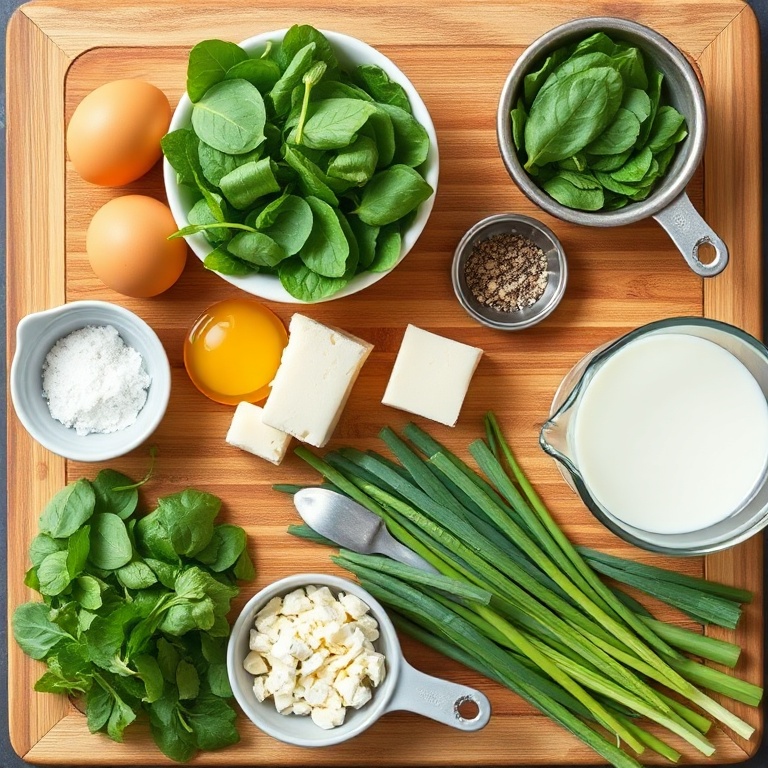 Spinach, feta, eggs, and green onions on a wooden board