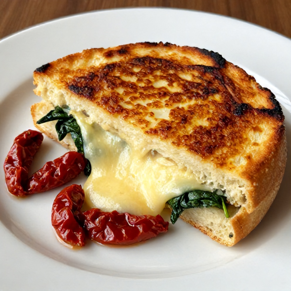 Golden sun-dried tomato spinach grilled cheese sandwich on a plate