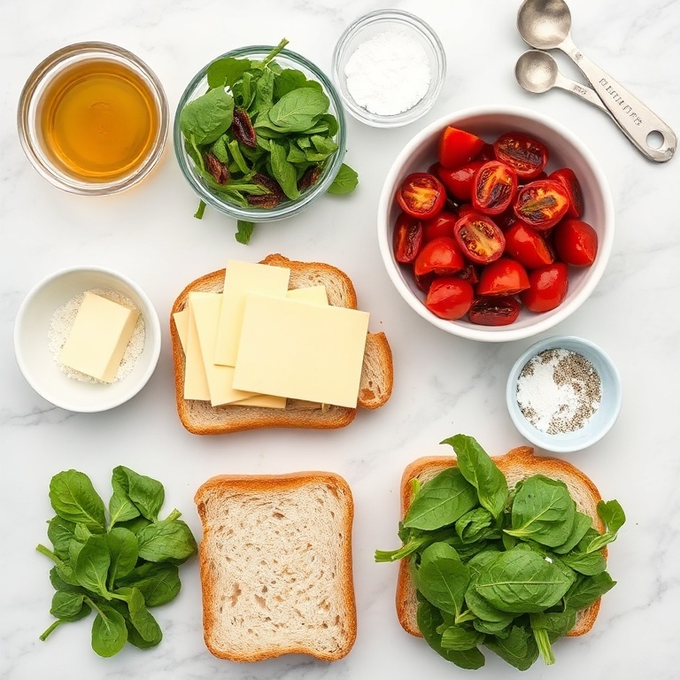 Sun-dried tomatoes, spinach, cheese, bread, and other ingredients for grilled cheese