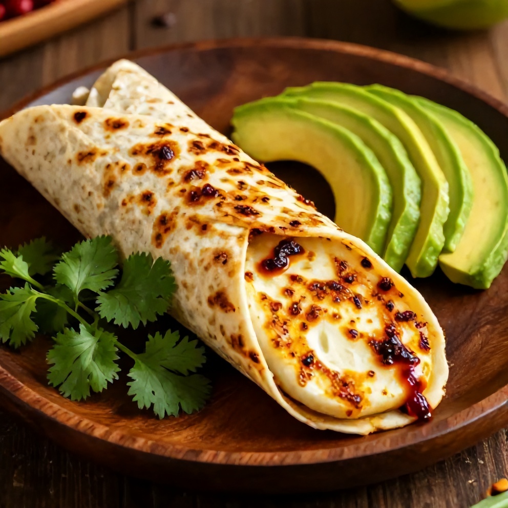 Sweet Chili Halloumi Wrap on a plate with a fork