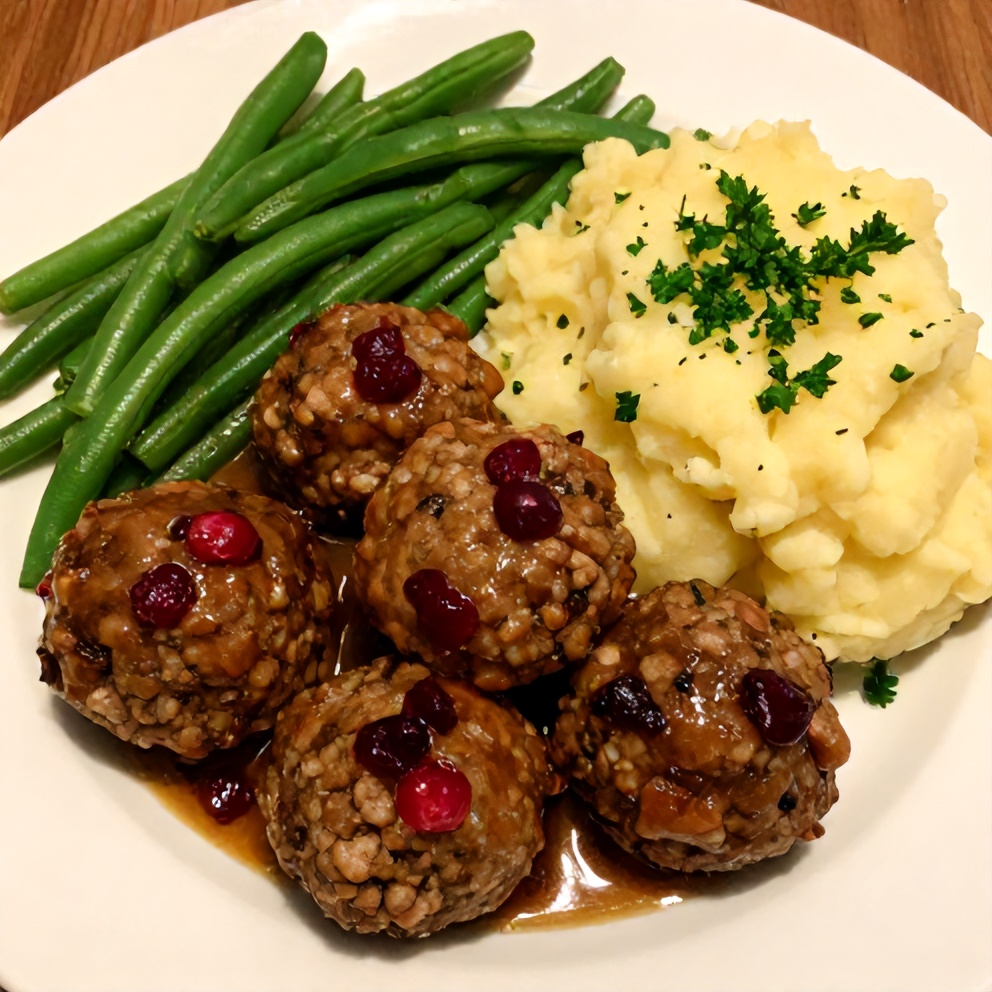 Plated cranberry meatballs with green beans and mashed potatoes, garnished with fresh parsley