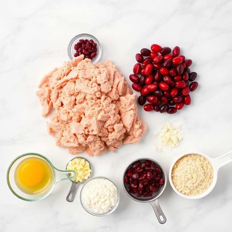 Ground turkey, fresh cranberries, onion, garlic, breadcrumbs, and seasonings arranged on a white marble surface