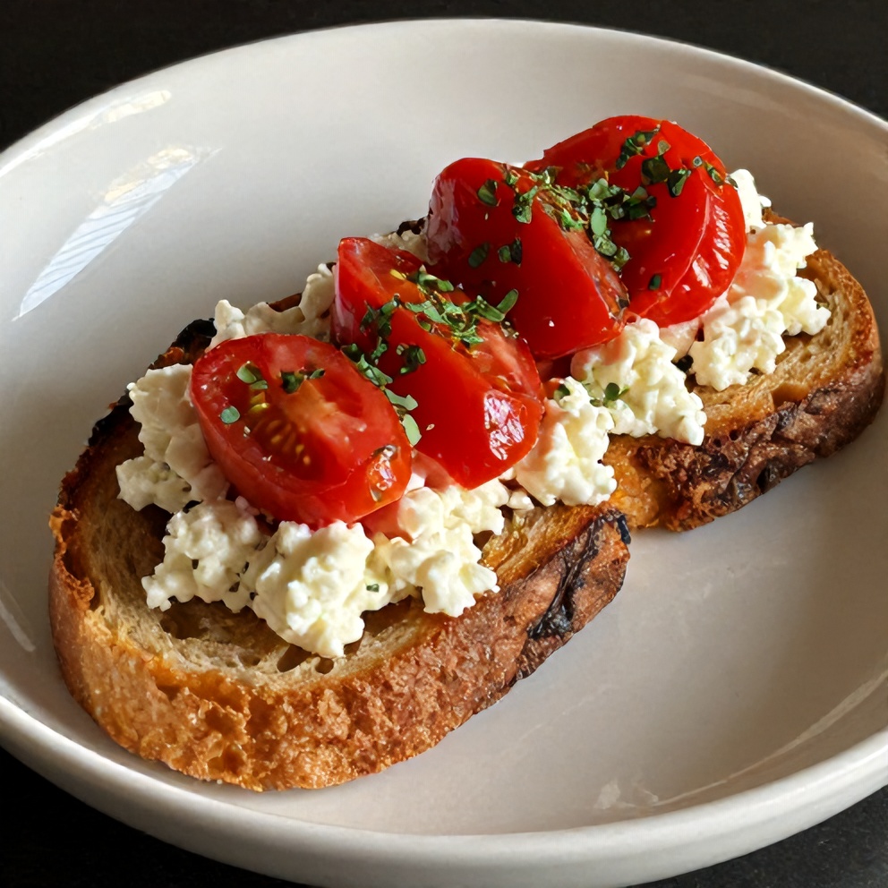 Plated Tomato Cottage Cheese Toast with Fresh Herbs