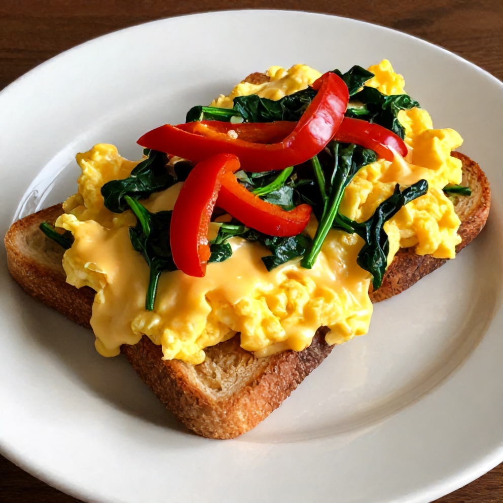 Veggie scrambled eggs on toast ready to serve