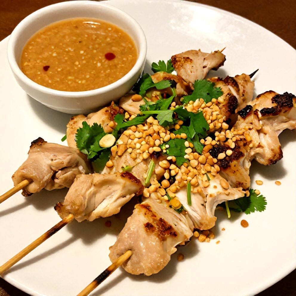 Plated Vietnamese lemongrass chicken skewers with peanut sauce