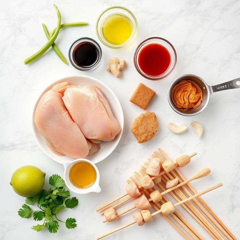 Raw ingredients for Vietnamese lemongrass chicken skewers on a marble surface