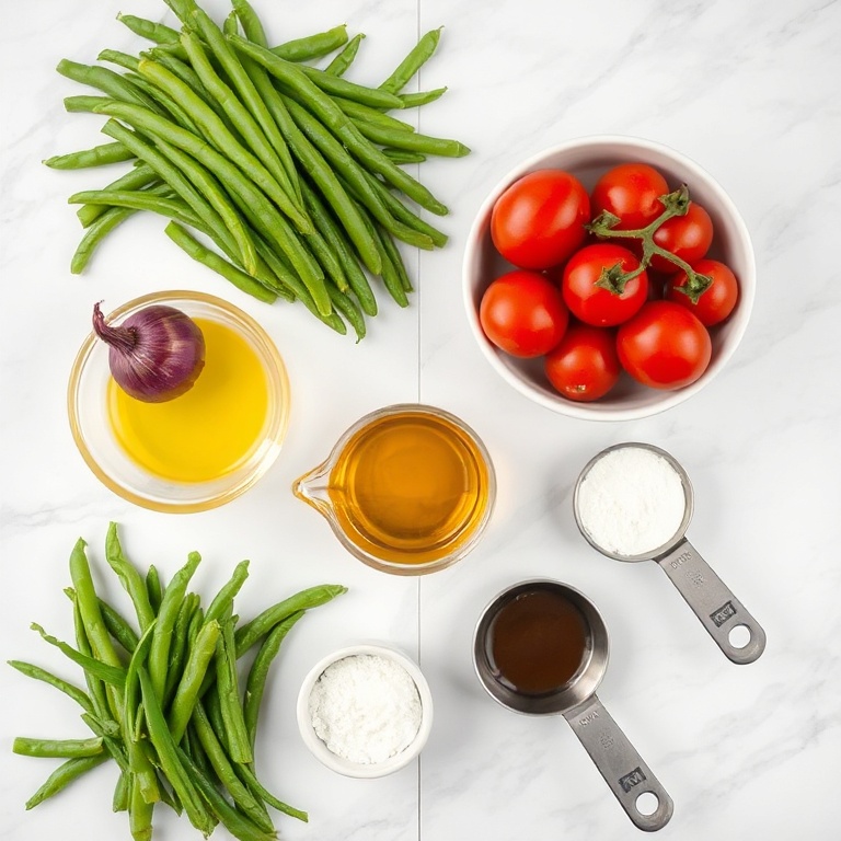 Green Beans, Tomatoes, Red Onion, Olive Oil, Vinegar, Garlic, Salt, Pepper